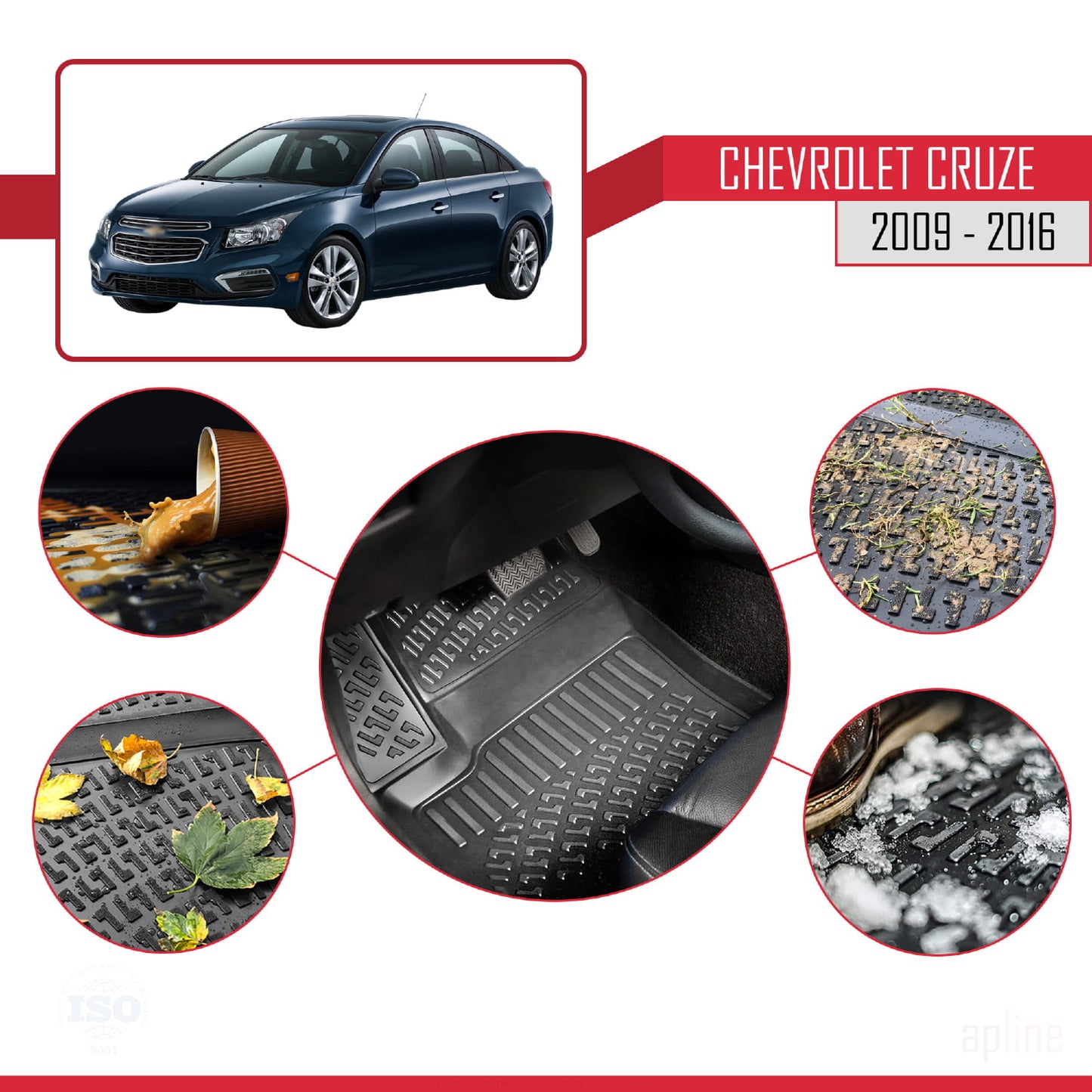 Tapis de Sol pour Chevrolet Cruze 2008-2016 Inodore 4D Tapis en Caoutchouc NOIR