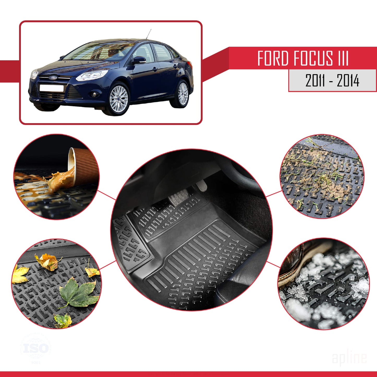 Kompatibel mit Ford Focus 3 (C346) Pre-Facelift 2011-2014 4D Gummimatten Schwarz