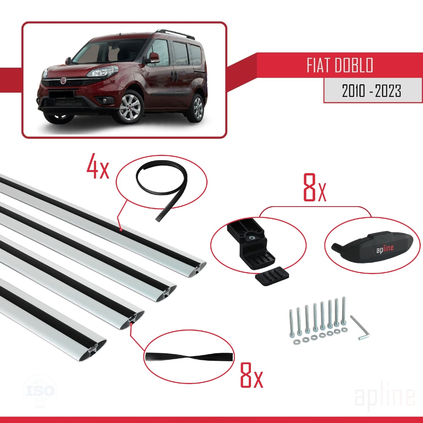Compatible avec Fiat Doblo 2 2010-2022 BASIC Model Barres de Toit Railing Porte-Bagages de Voiture Gris Aluminium 4 Barres