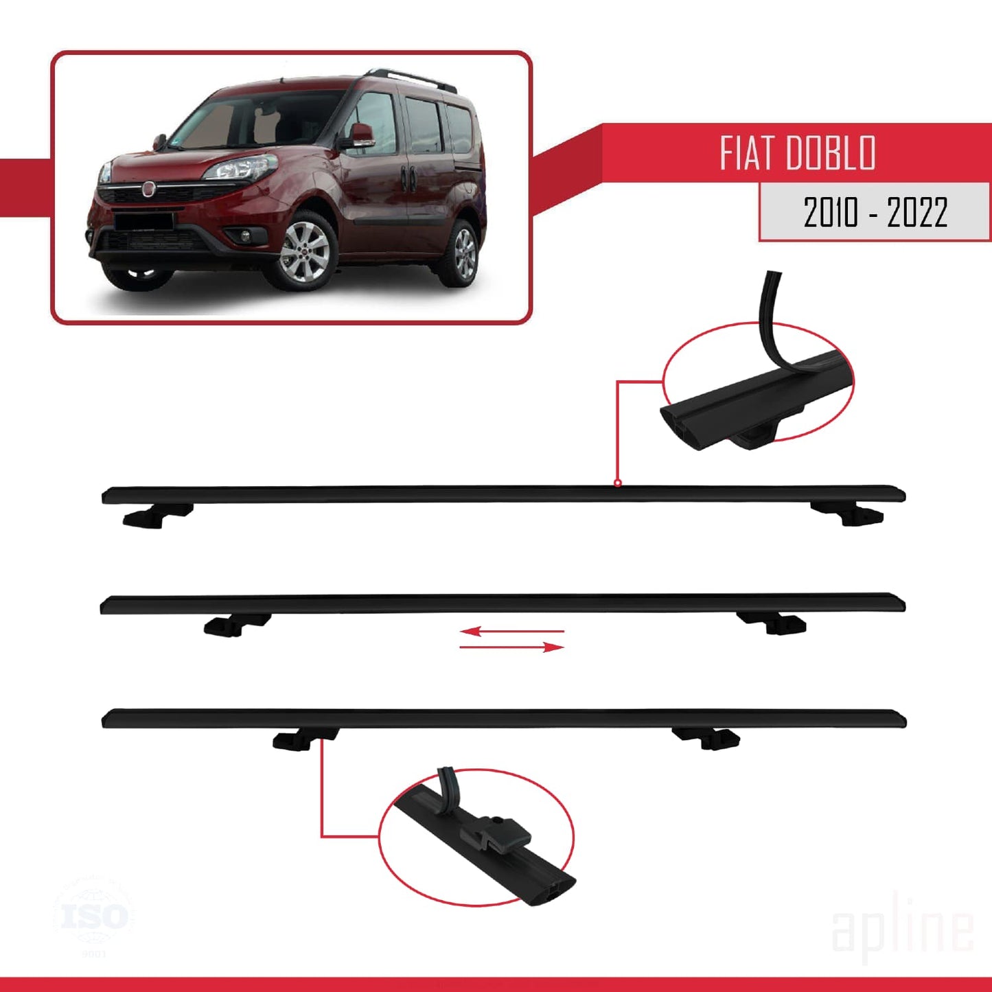 Kompatibel mit Fiat Doblo 2 2010-2022 Basismodell Dachgepäckträger, schwarzes Aluminium, 4 Stangen