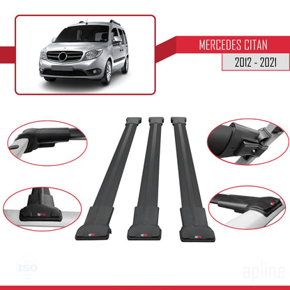 Compatible avec Mercedes Citan (W415) 2012-2021 FLY Model Barres de Toit Railing Porte-Bagages de Voiture Noir Aluminium 3 Barres