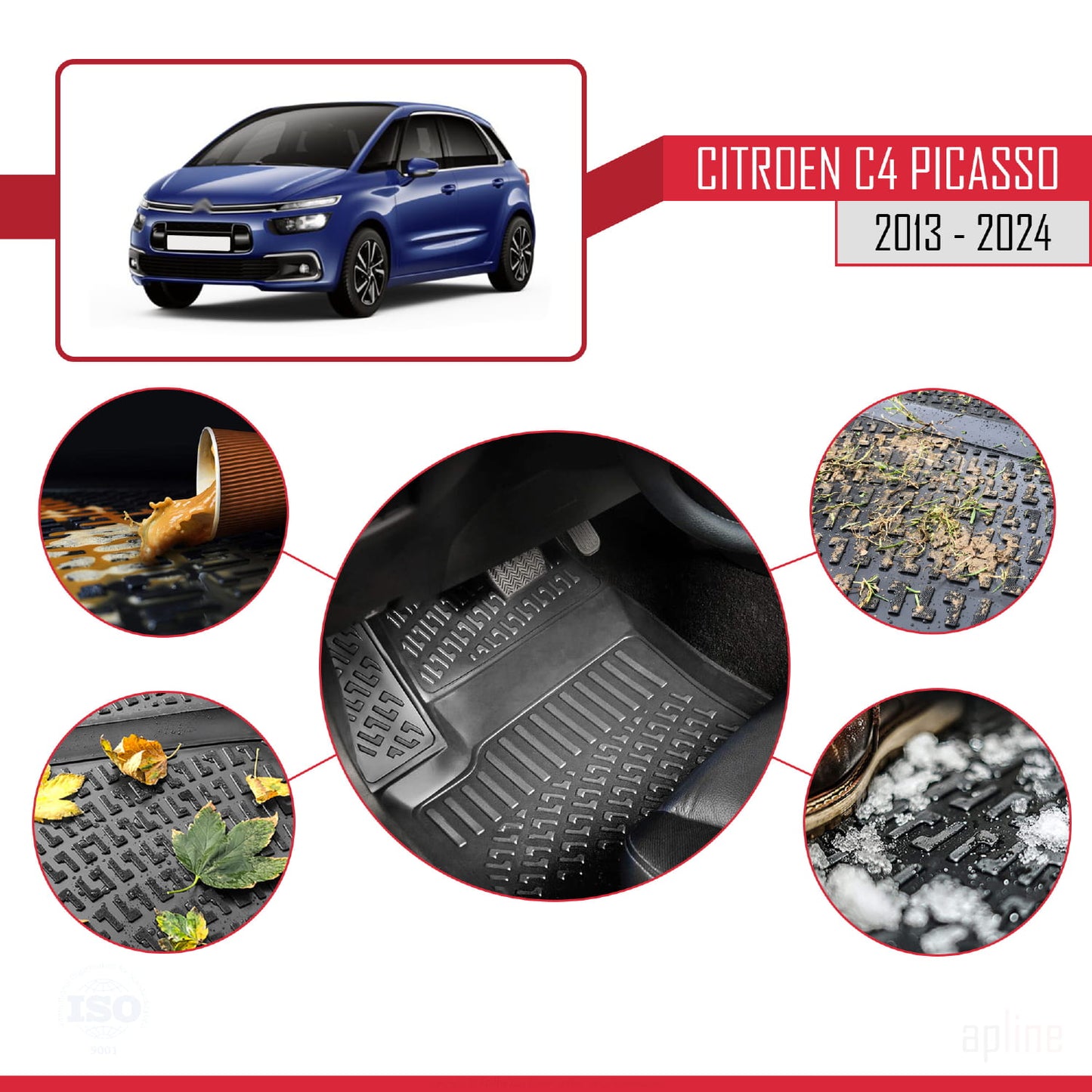 Compatible avec Citroen C4 Picasso 2 2013-2022 4D Tapis de Voiture Noir