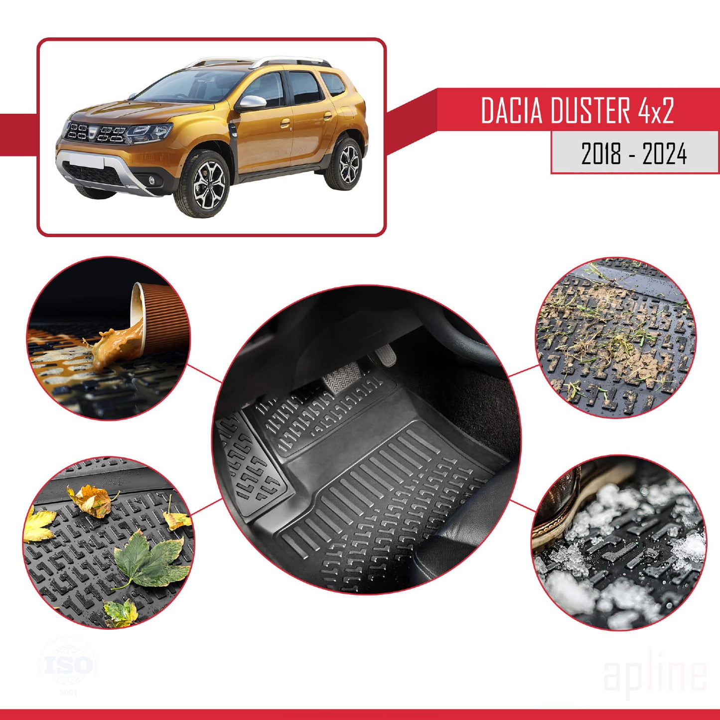 Compatible avec Dacia Duster 2 (HM) (4X2) 2018-2024 4D Tapis de Voiture Noir