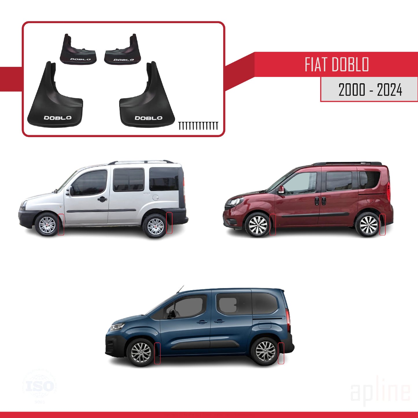 Compatible avec Fiat Doblo 2000-2024 Jeu de Bavettes Garde-boue Avant et Arrière de Voiture 4 Pcs Noir