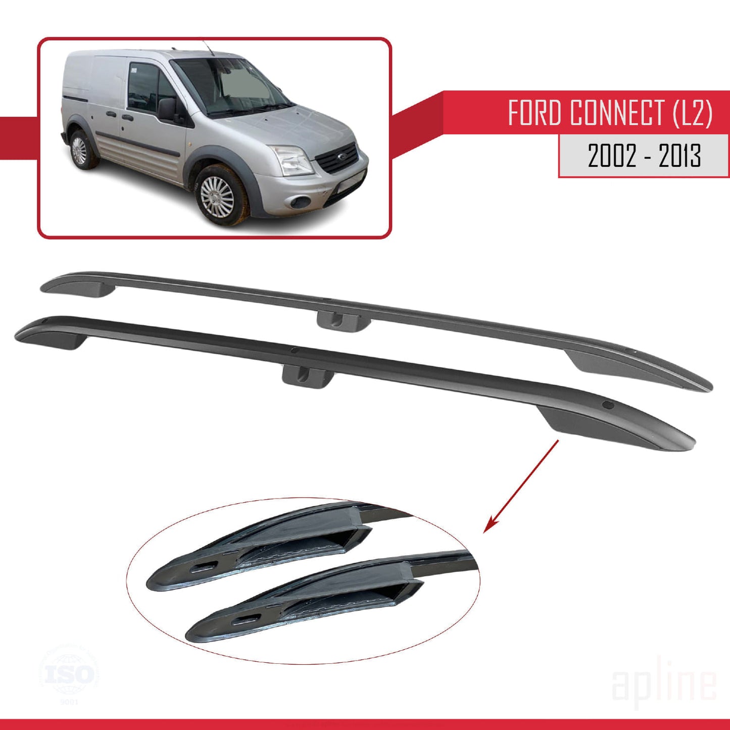 Compatible with Ford Transit/Tourneo Connect 2002-2013 (Long Wheelbase L2/H1) Roof Rails Roof Rack Luggage Carrier Black