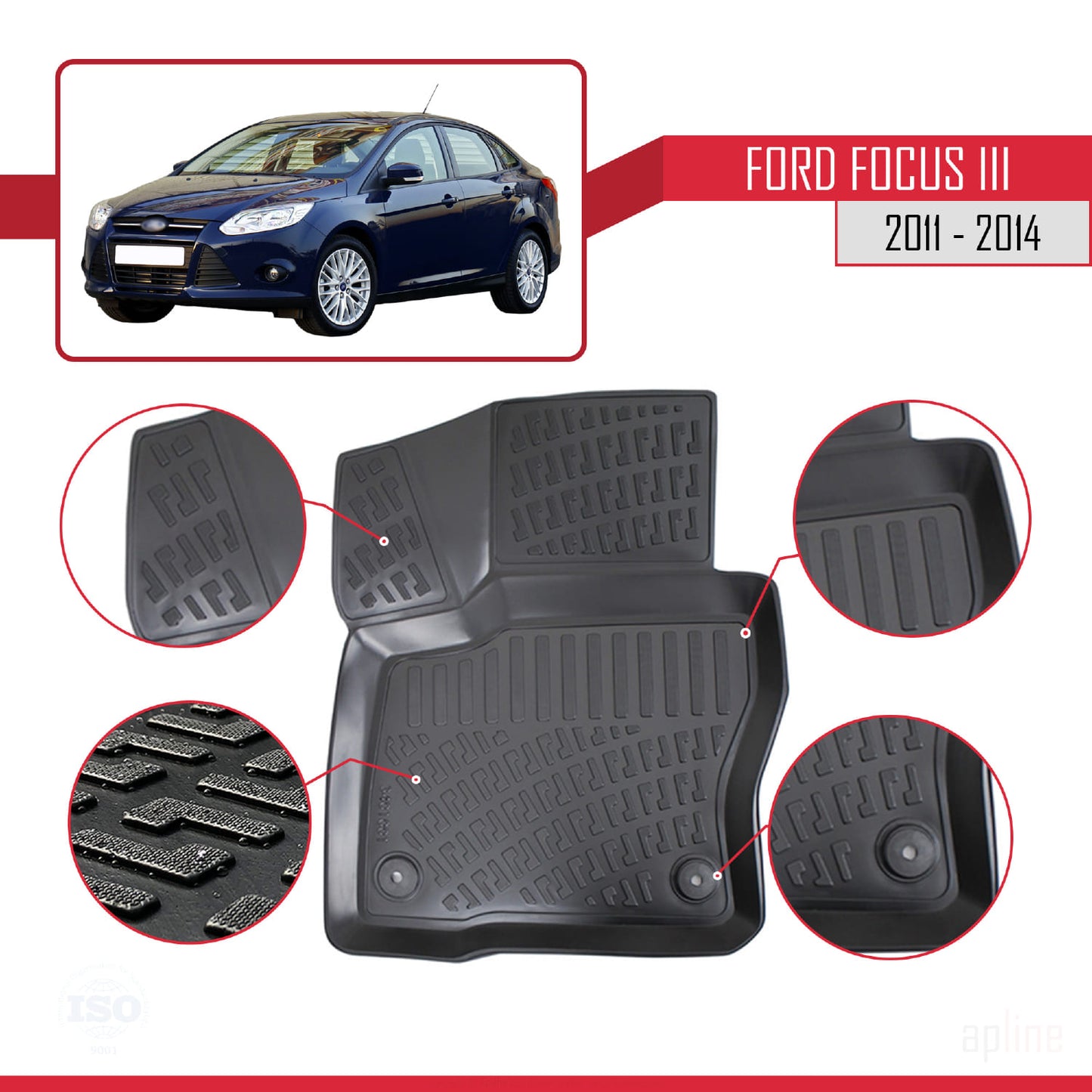 Kompatibel mit Ford Focus 3 (C346) Pre-Facelift 2011-2014 4D Gummimatten Schwarz