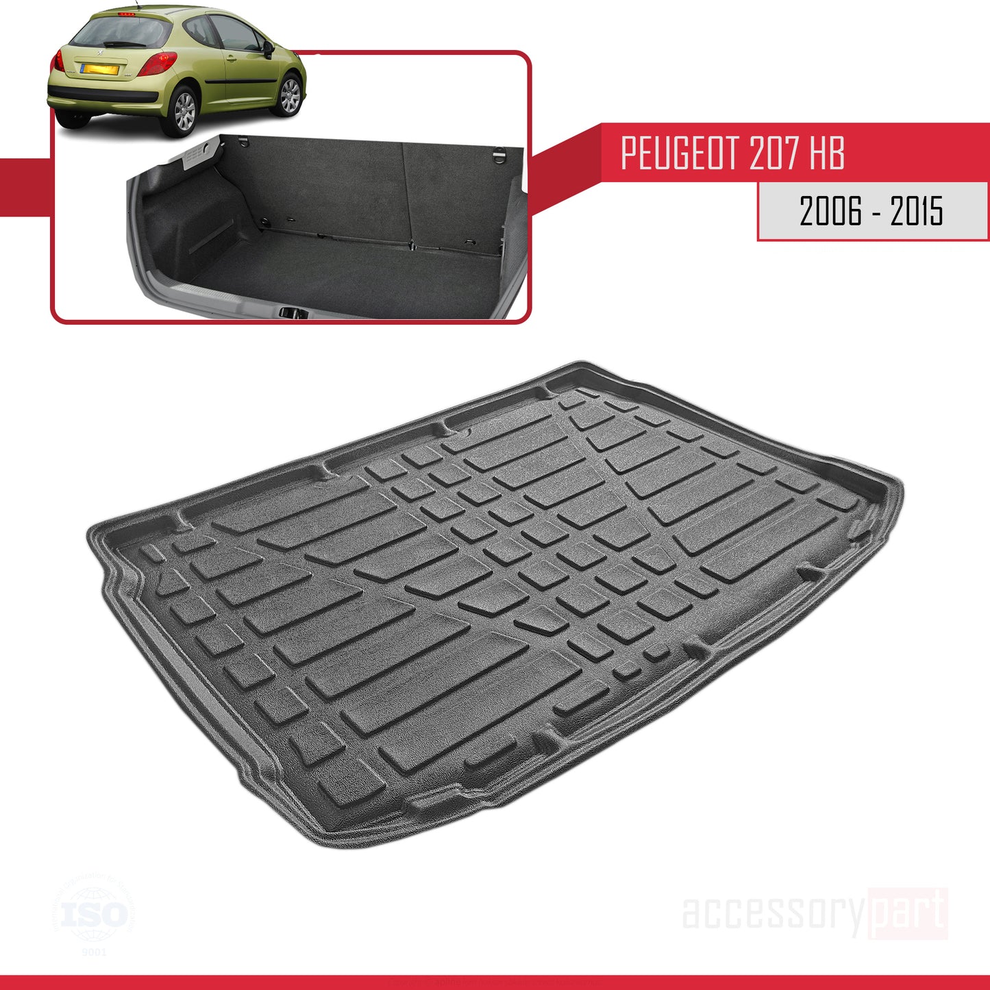 Tapis de Coffre pour Peugeot 207 Hayon 2006-2015 Flexible NOIR