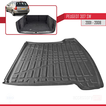 Compatible avec Peugeot 307 Outdoor 2001-2008 Flexible Tapis de Coffre Plancher de Chargement Noir