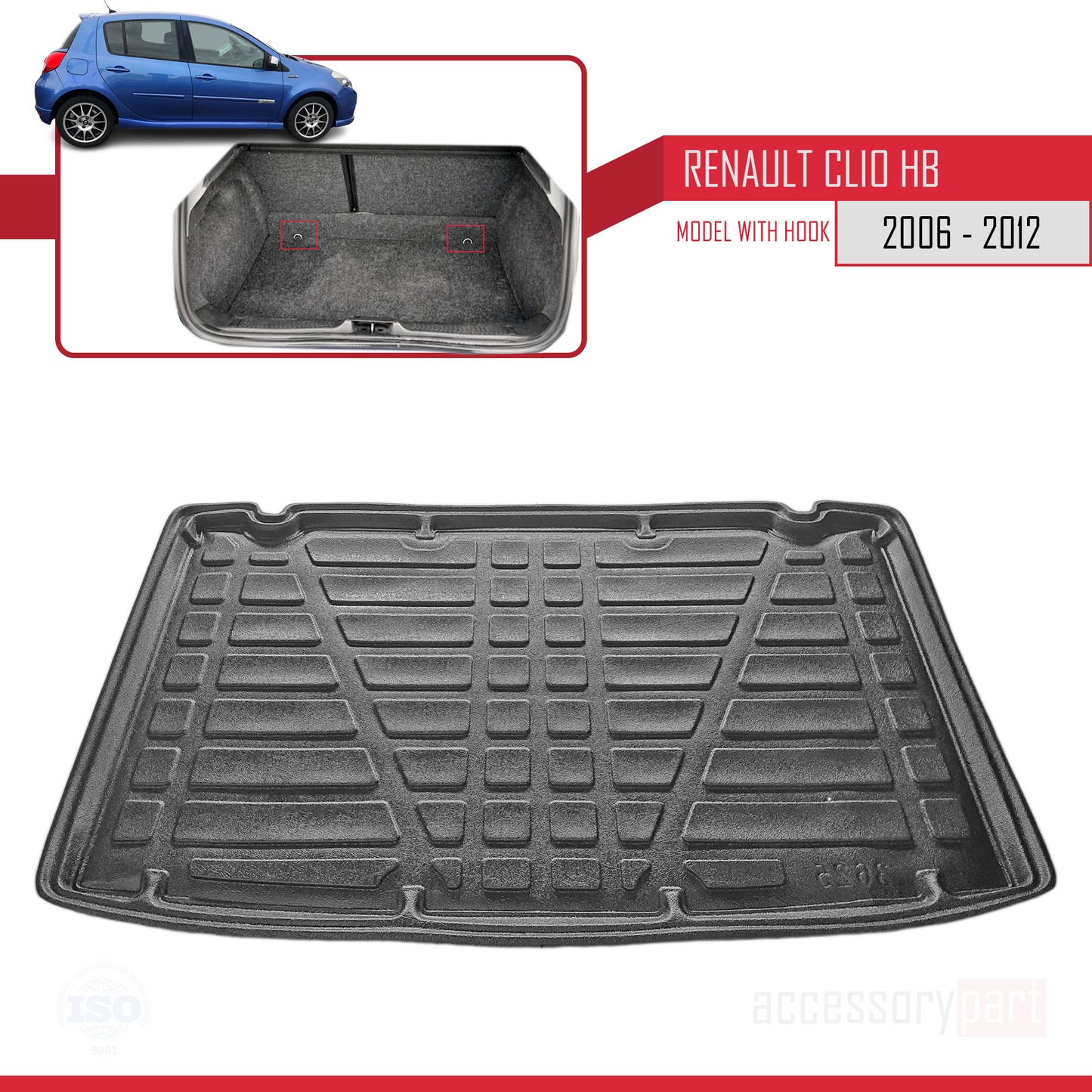 Compatible avec Renault Clio 3 2006-2012 Flexible Tapis de Coffre Plancher de Chargement Noir