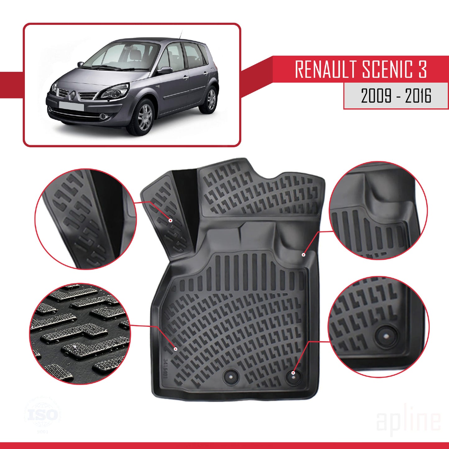 Compatible avec Renault Scenic 3 2009-2016 4D Tapis de Voiture Noir