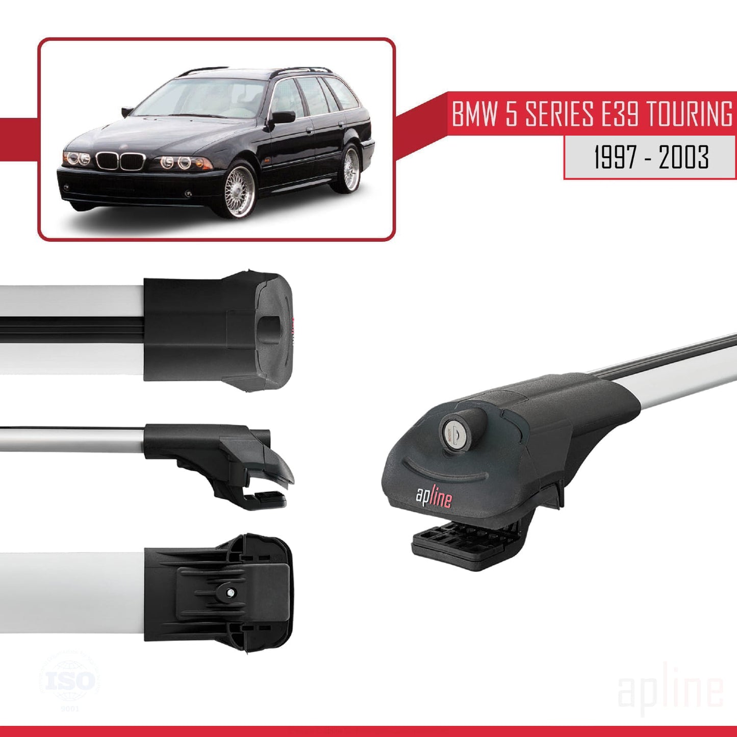 Compatible avec BMW Série 5 (E39) Touring 1997-2003 ACE-1 Barres de Toit Railing Porte-Bagages de Voiture Gris Aluminium 3 Barres