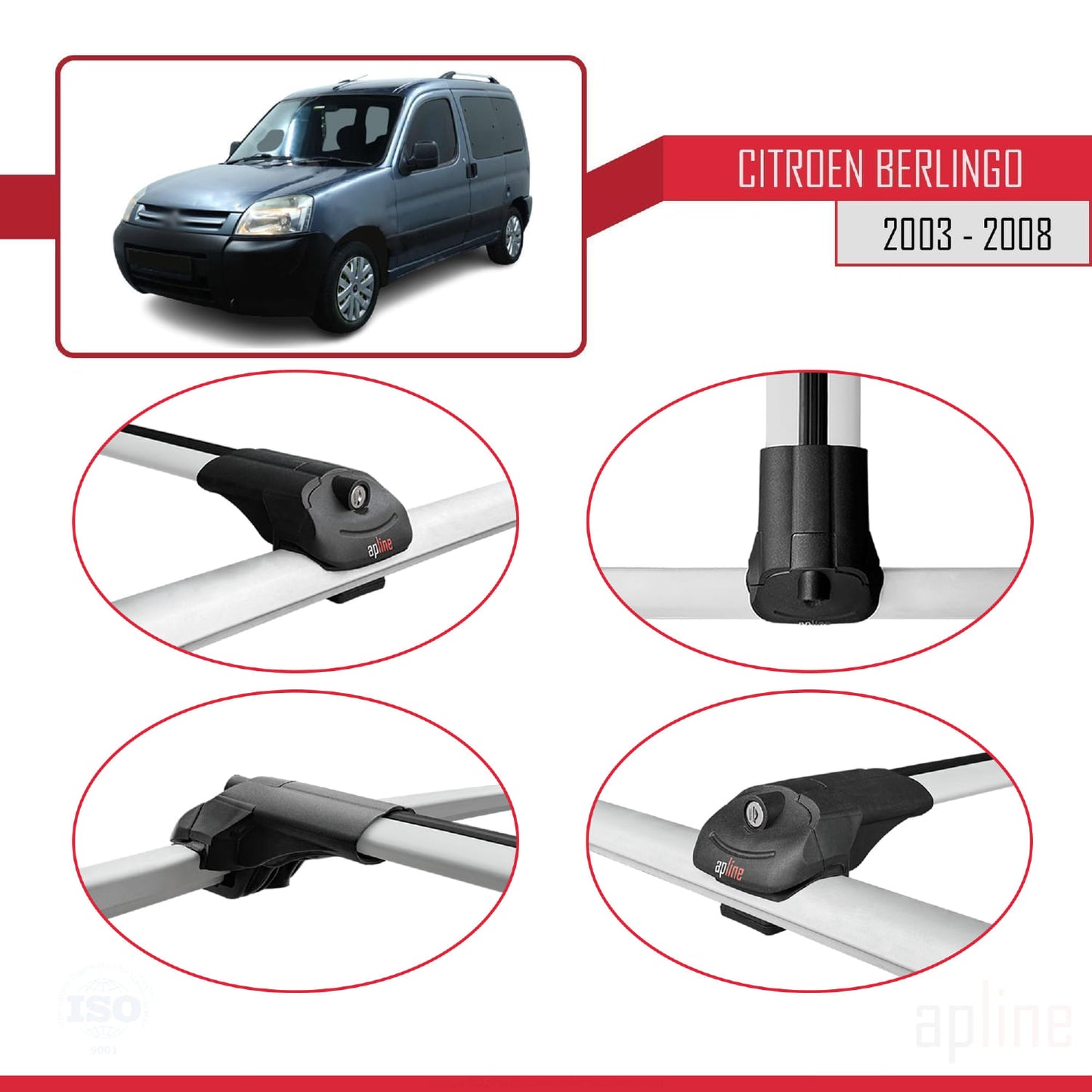 Kompatibel mit Citroen Berlingo (M59) 2003-2008 ACE-1 Dachgepäckträger, Reling, Gepäckträger, graues Aluminium, 2 Stangen