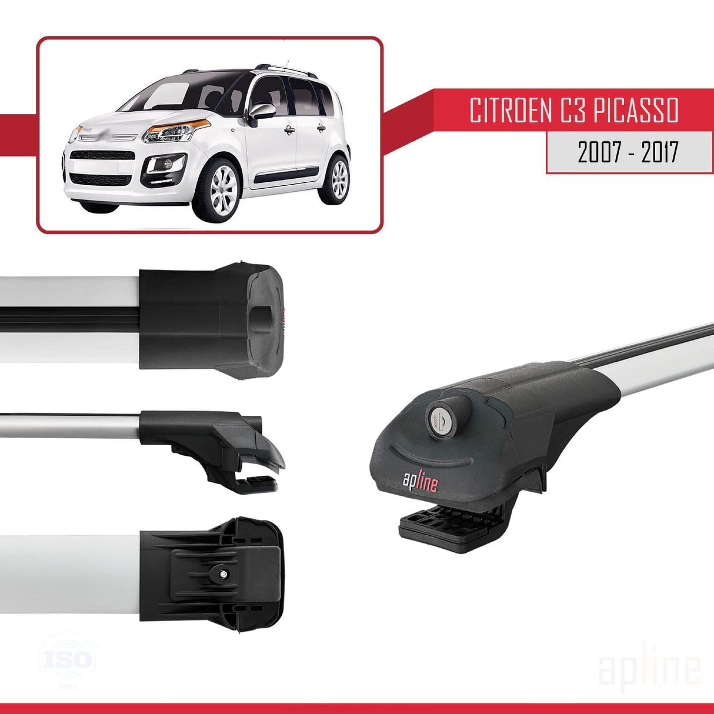 Kompatibel mit Citroen C3 Picasso 2009-2017 ACE-1 Dachgepäckträger, Reling, Gepäckträger, graues Aluminium, 2 Stangen