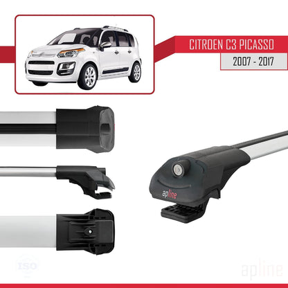 Kompatibel mit Citroen C3 Picasso 2009-2017 ACE-1 Dachgepäckträger, Reling, Gepäckträger, graues Aluminium, 2 Stangen