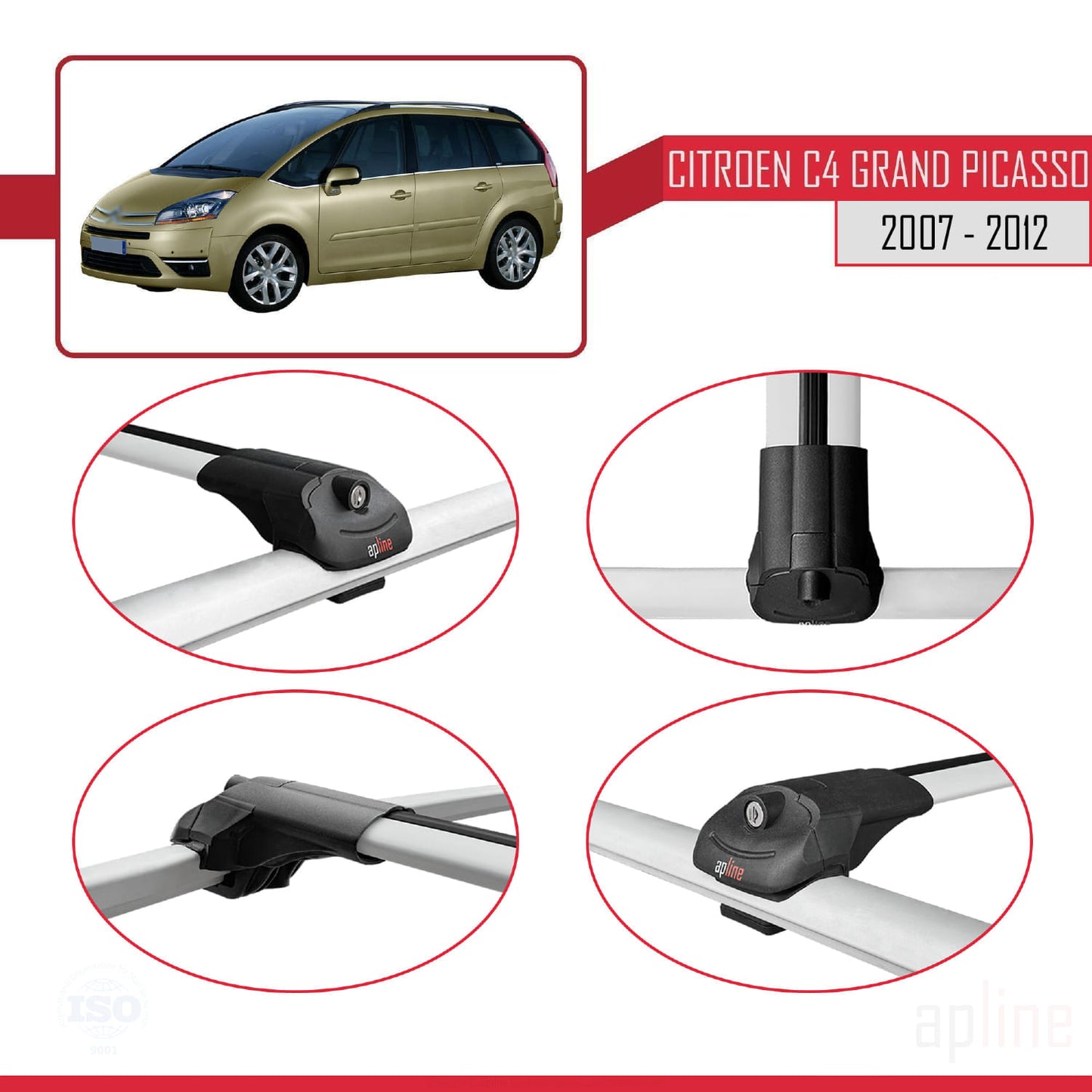 Kompatibel mit Citroen Grand C4 Picasso 2007-2012 ACE-1 Dachgepäckträger, Reling, Gepäckträger, graues Aluminium, 2 Stangen