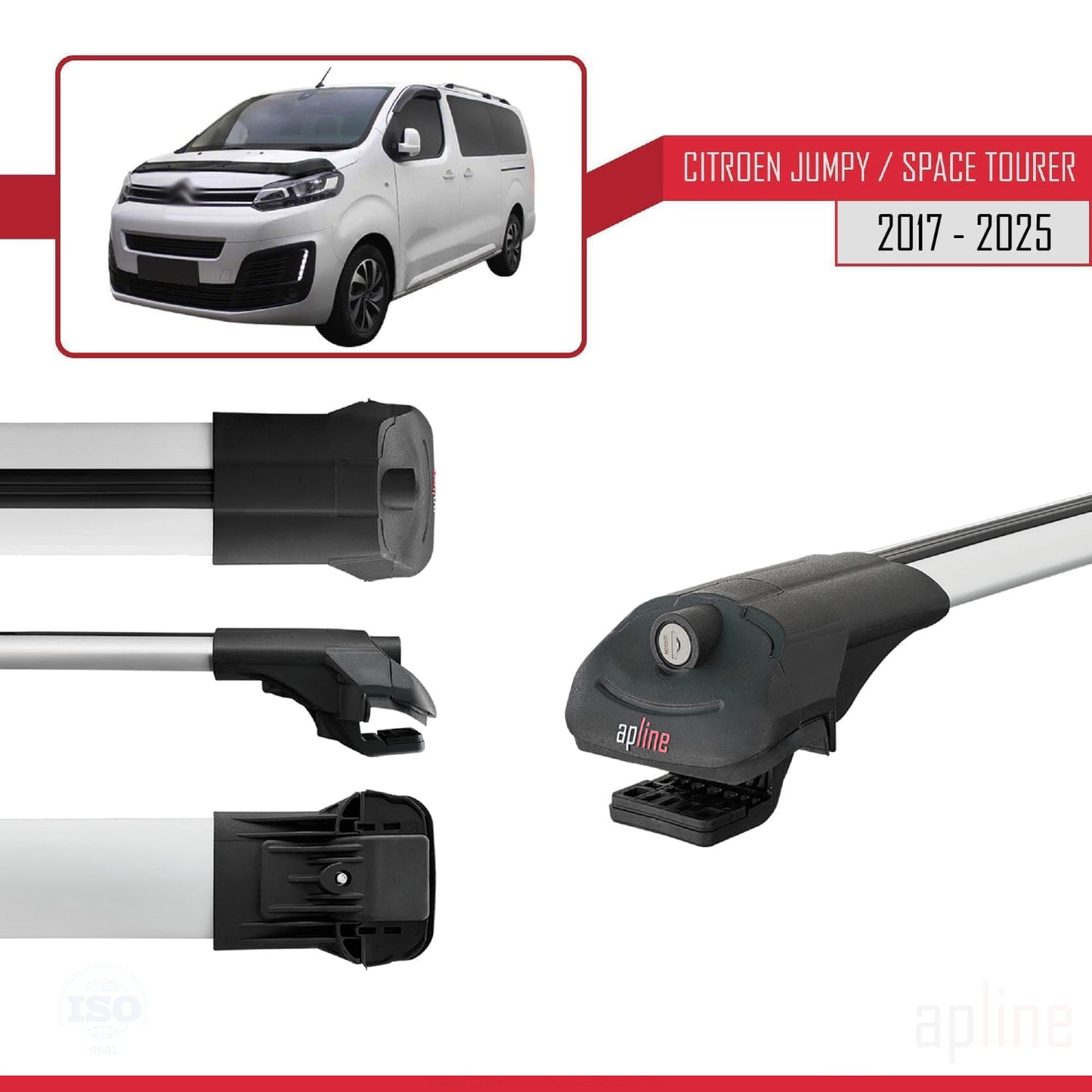 Kompatibel mit Citroen Jumpy 3 (K0) Space Tourer 2017-2025 ACE-1 Dachgepäckträger, Reling, Gepäckträger, graues Aluminium, 3 Stangen