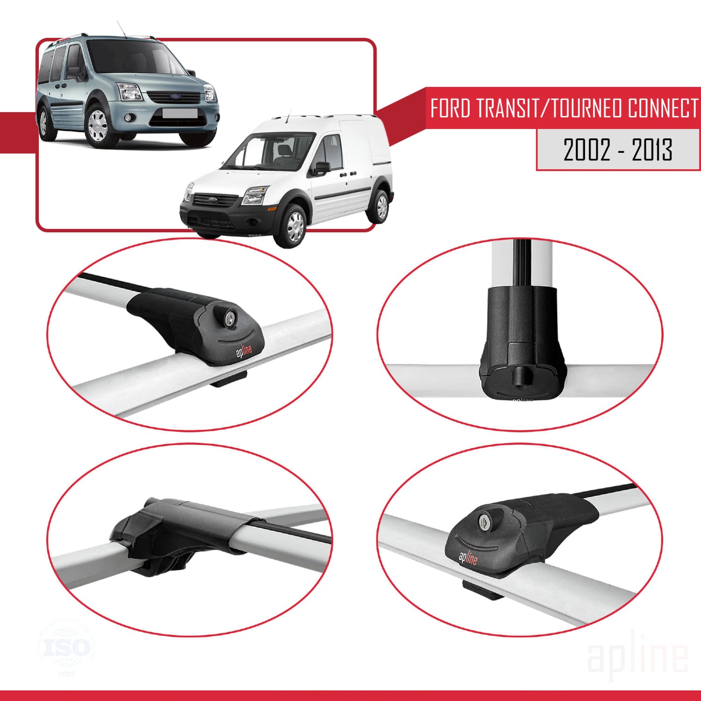 Compatible avec Ford Transit/Tourneo Connect 2002-2013 ACE-1 Barres de Toit Railing Porte-Bagages de Voiture Gris Aluminium 3 Barres