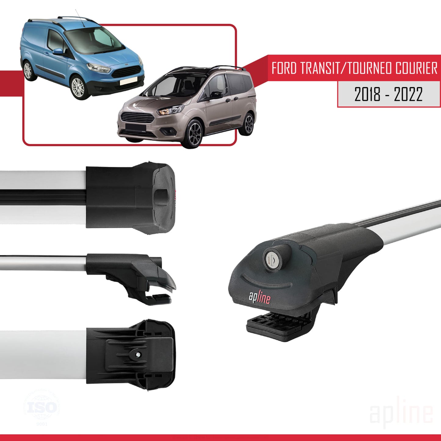 Compatible avec Ford Transit/Tourneo Courier Post-Facelift 2018-2022 ACE-1 Barres de Toit Railing Porte-Bagages de Voiture Gris Aluminium 4 Barres