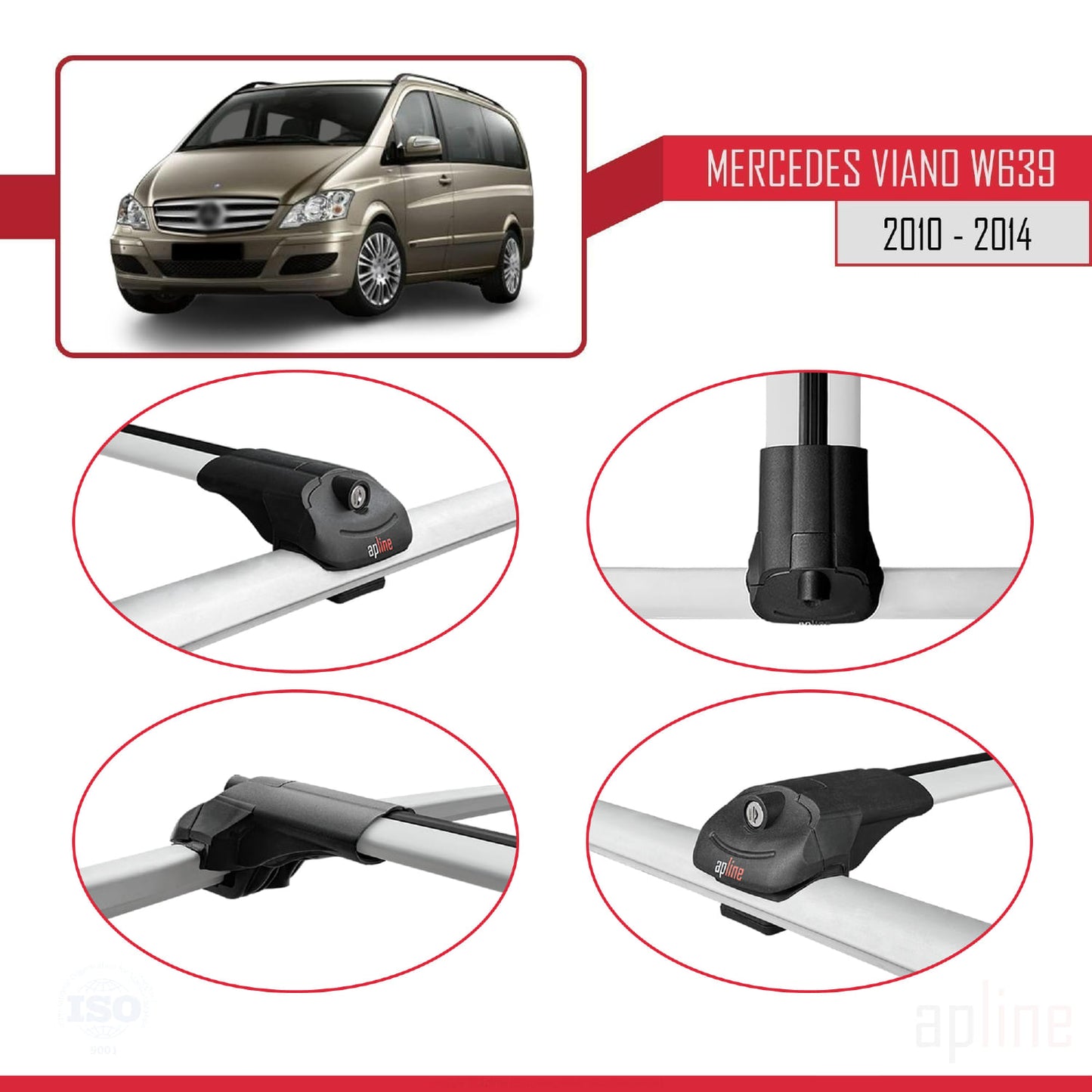 Compatible with Mercedes Viano 2 (W639) Post-Facelift 2010-2014 ACE-1 Car Roof Rack Cross Bar Grey Aluminium 4 Bars