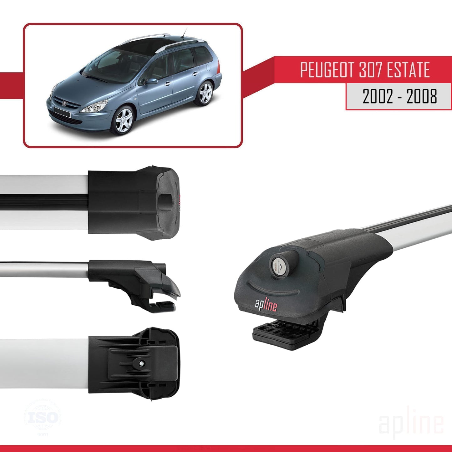 Compatible avec Peugeot 307 Break 2002-2008 ACE-1 Barres de Toit Railing Porte-Bagages de Voiture Gris Aluminium 2 Barres