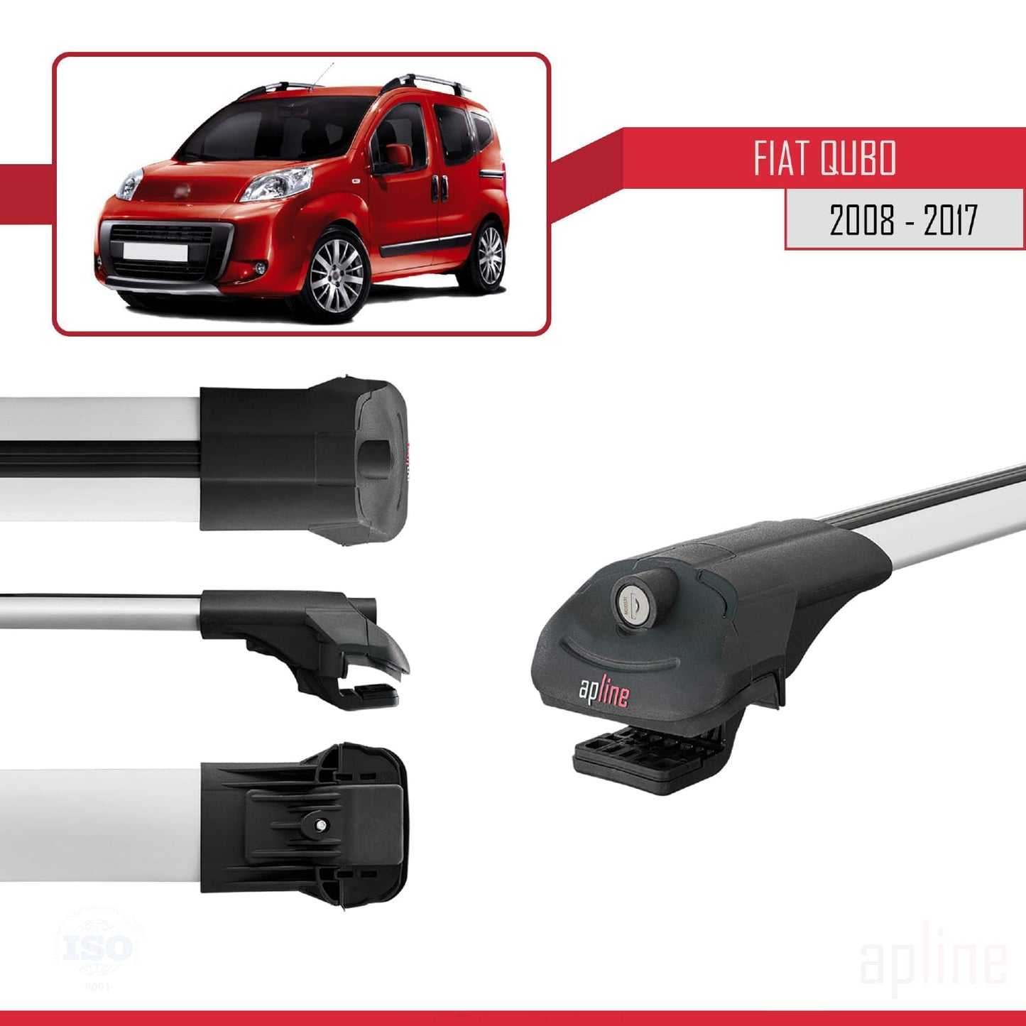 Kompatibel mit Fiat Qubo 2008-2017 ACE-1 Dachgepäckträger, Reling, Gepäckträger, graues Aluminium, 4 Stangen