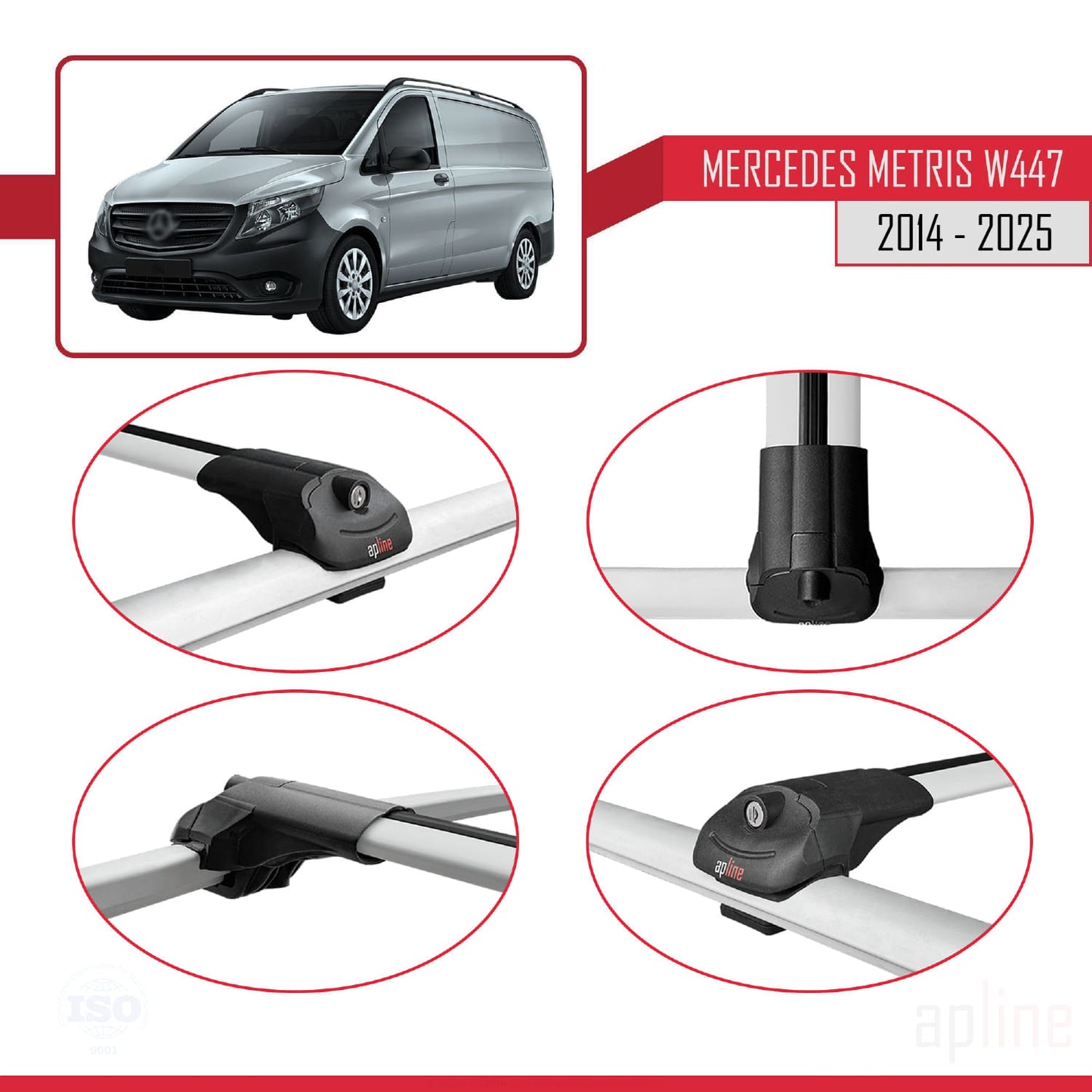 Compatible with Mercedes Metris (W447) 2014-2025 ACE-1 Car Roof Rack Cross Bar Grey Aluminium 3 Bars