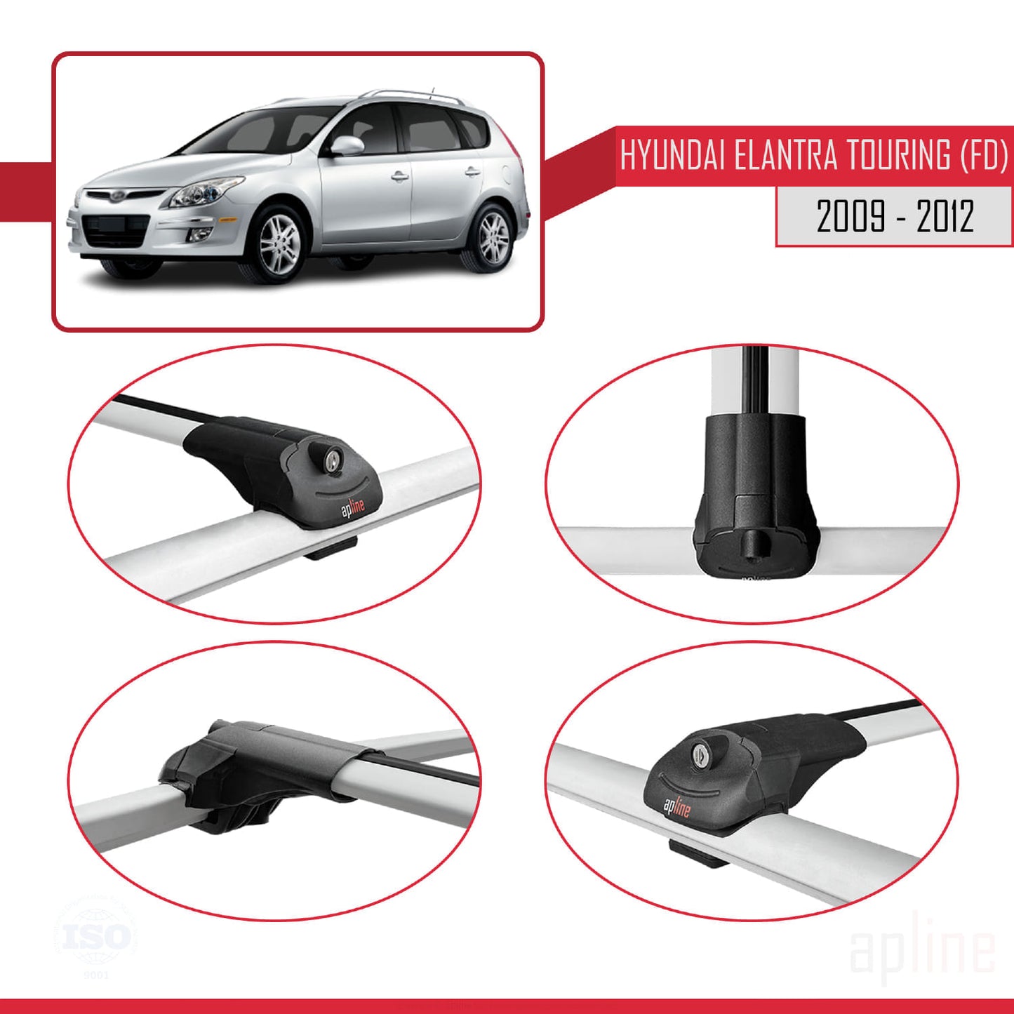 Compatible with Hyundai Elantra Touring (FD) 2009-2012 ACE-1 Car Roof Rack Cross Bar Grey Aluminium 2 Bars