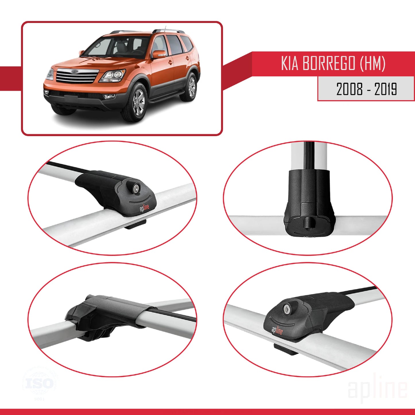 Compatible avec Kia Borrego (HM) 2008-2019 ACE-1 Barres de Toit Railing Porte-Bagages de Voiture Gris Aluminium 3 Barres