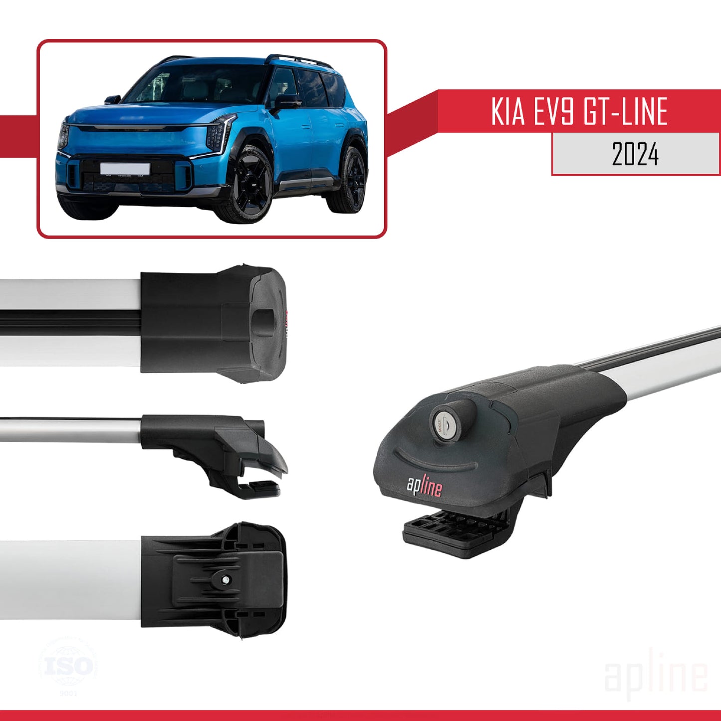 Compatible with KIA EV9 GT-LINE 2024-2025 ACE-1 Car Roof Rack Cross Bar Grey Aluminium 3 Bars