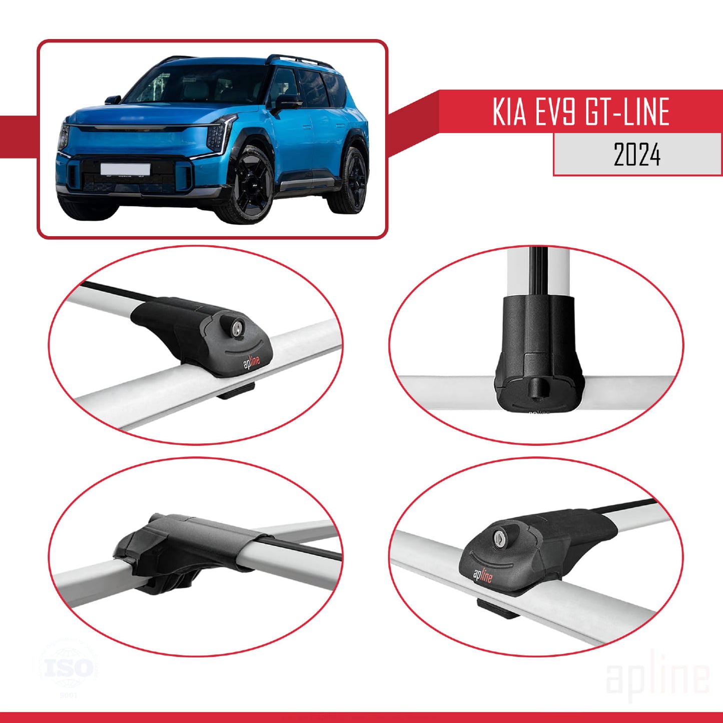 Compatible with KIA EV9 GT-LINE 2024-2025 ACE-1 Car Roof Rack Cross Bar Grey Aluminium 3 Bars
