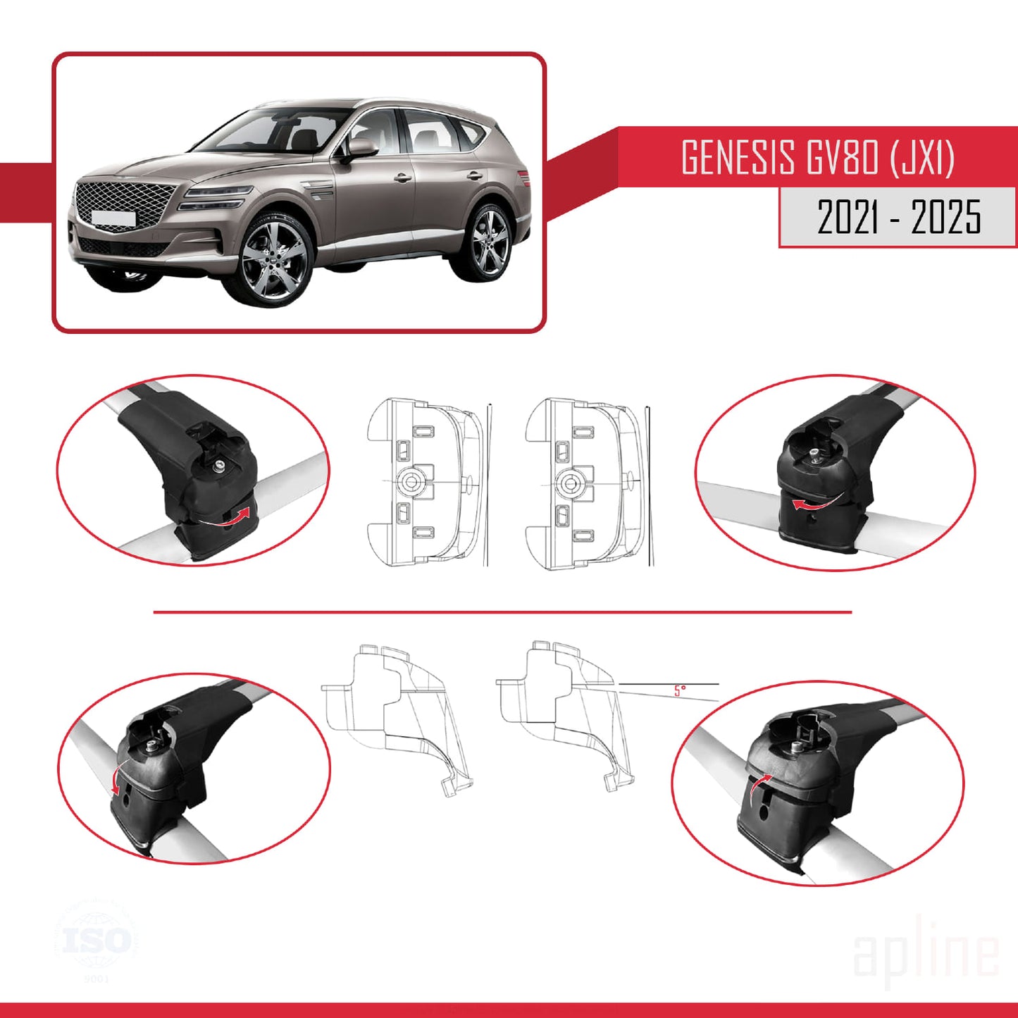 Compatible with Genesis GV80 (JX1) 2021-2025 ACE-2 Car Roof Rack Cross Bar Grey Aluminium 2 Bars