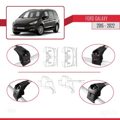 Compatible with Ford Galaxy 2 (CD390) 2015-2022 ACE-2 Car Roof Rack Cross Bar Grey Aluminium 2 Bars