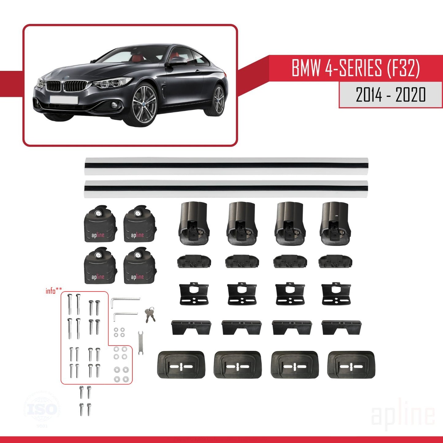 Compatible avec BMW Série 4 (F32) 2014-2020 ACE-3 Barres de Toit Railing Porte-Bagages de Voiture Gris Aluminium 2 Barres