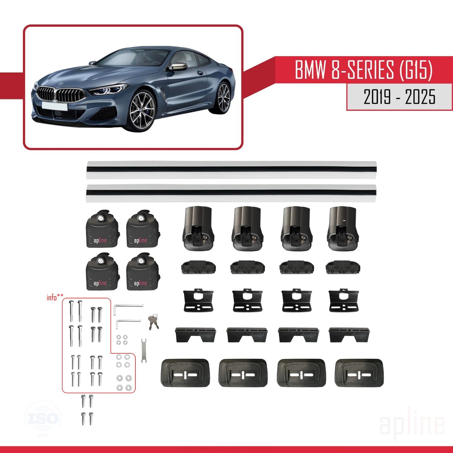 Compatible avec BMW Série 8 (G15) 2019-2025 ACE-3 Barres de Toit Railing Porte-Bagages de Voiture Gris Aluminium 2 Barres