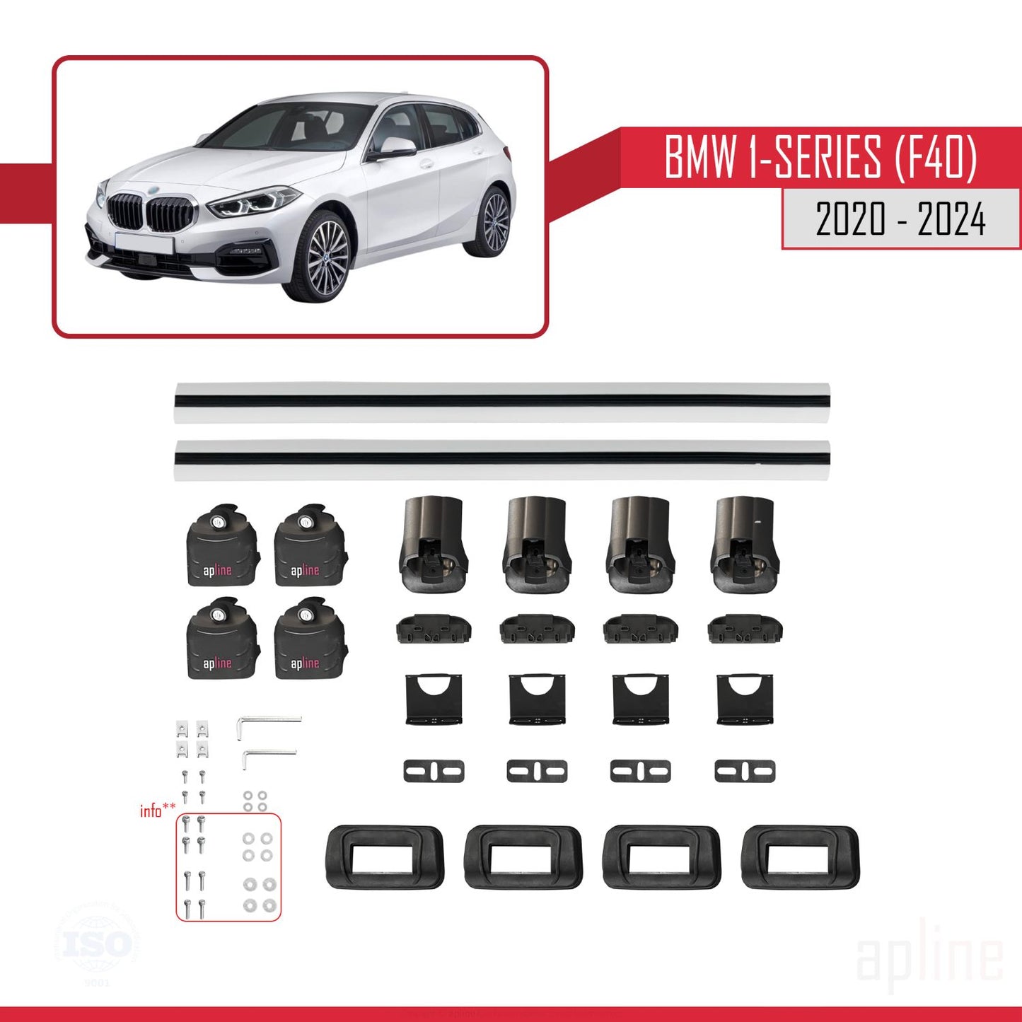 Compatible with BMW 1 Series (F40) 2020-2024 ACE-3 Car Roof Rack Cross Bar Grey Aluminium 2 Bars