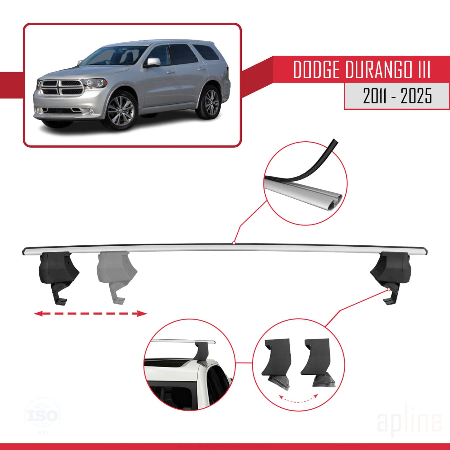 Compatible with Dodge Durango 3 2011-2025 ACE-4 Car Roof Rack Cross Bar Grey Aluminium 2 Bars