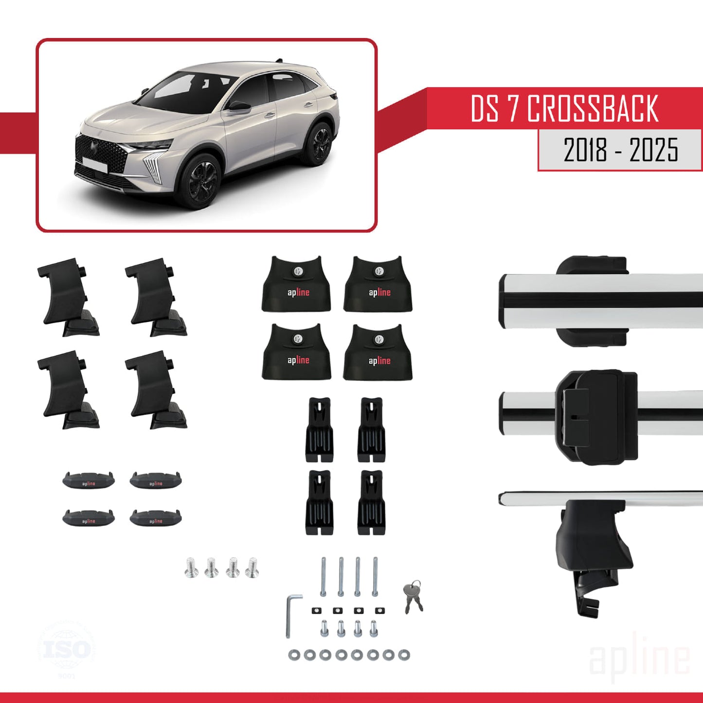 Compatible with DS 7 Crossback 2018-2025 ACE-4 Car Roof Rack Cross Bar Grey Aluminium 2 Bars