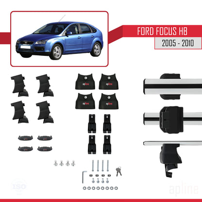 Kompatibel mit Ford Focus 2 (C307) HB 2005-2010 ACE-4 Dachgepäckträger, Auto-Reling, Gepäckträger, graues Aluminium, 2 Stangen