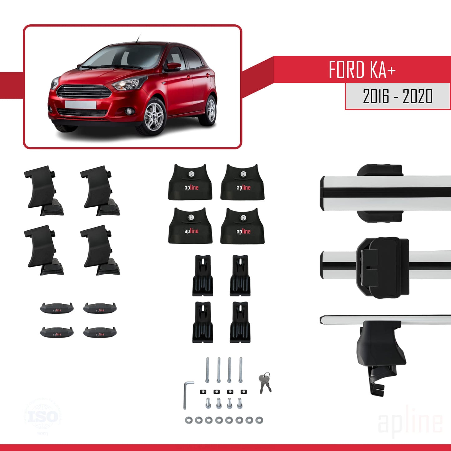Kompatibel mit Ford Ka+ 2016-2020 ACE-4 Dachgepäckträger, Reling, Gepäckträger, graues Aluminium, 2 Stangen