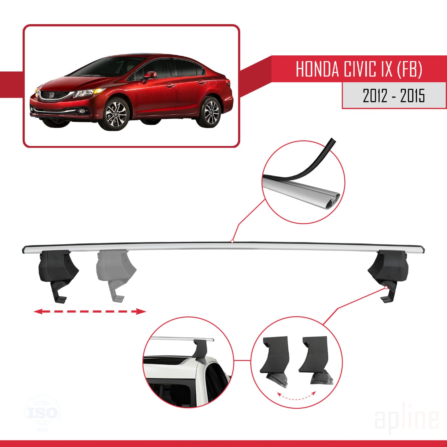 Compatible with Honda Civic 9 (FB) Sedan 2012-2015 ACE-4 Car Roof Rack Cross Bar Grey Aluminium 2 Bars