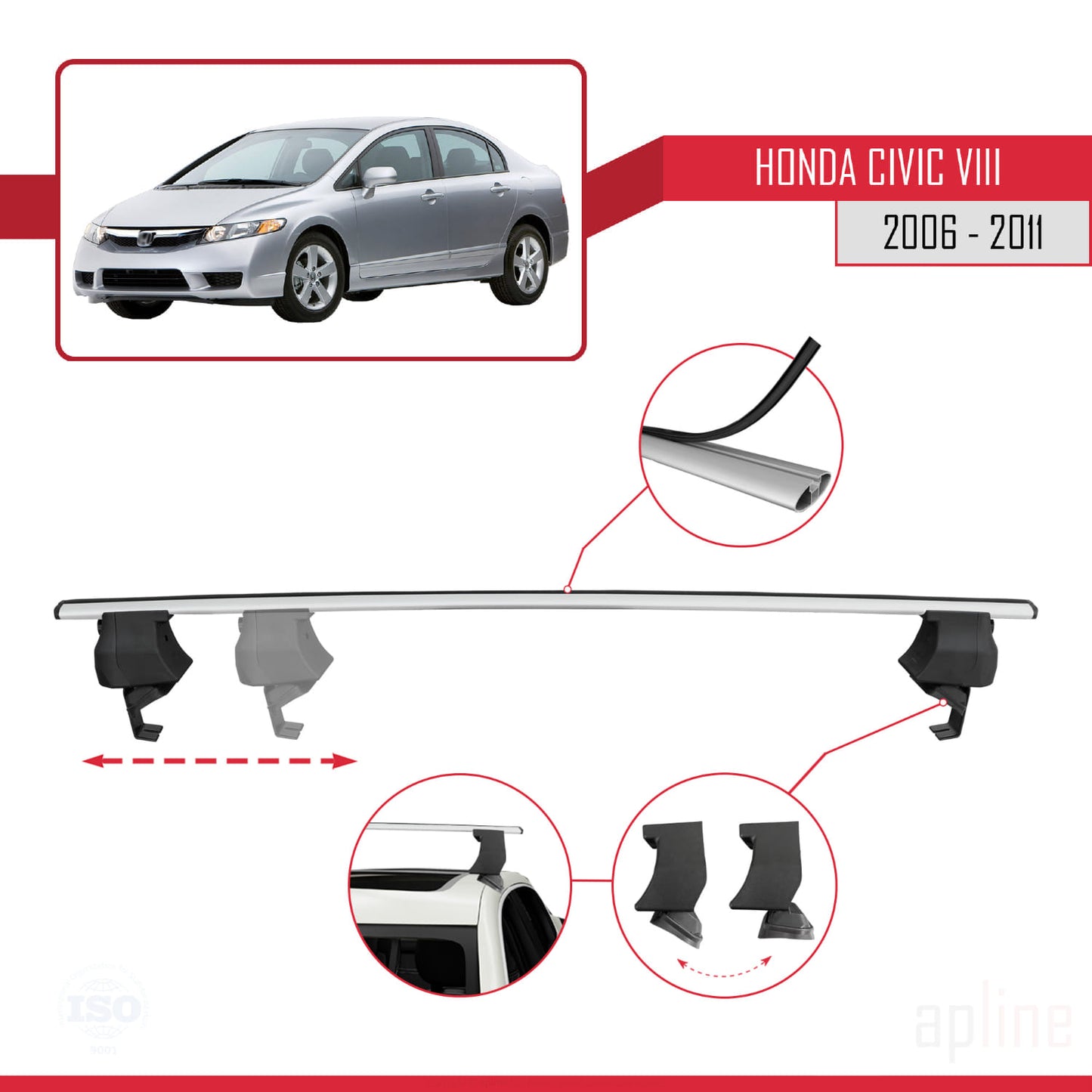 Compatible with Honda Civic 8 V3 Sedan 2006-2011 ACE-4 Car Roof Rack Cross Bar Grey Aluminium 2 Bars