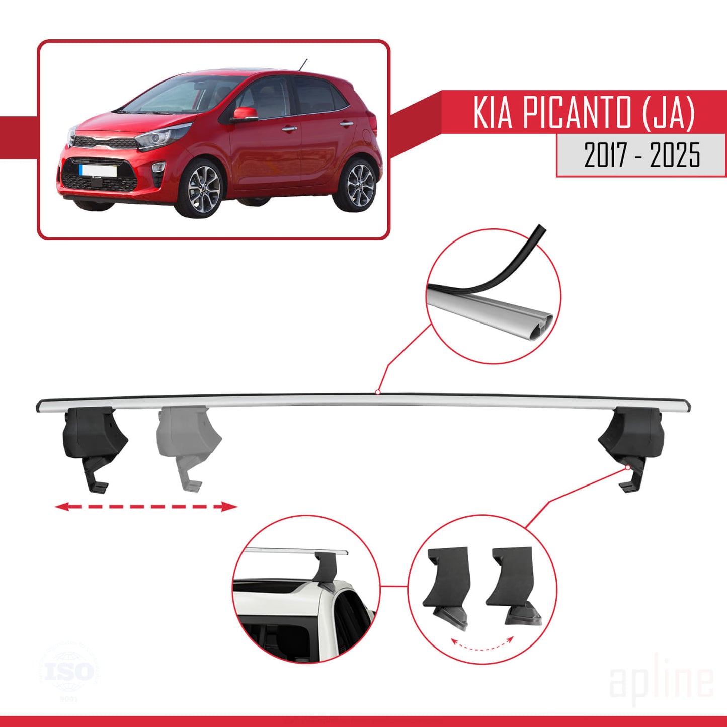 Compatible with Kia Picanto 3 (JA) 2017-2025 ACE-4 Car Roof Rack Cross Bar Grey Aluminium 2 Bars