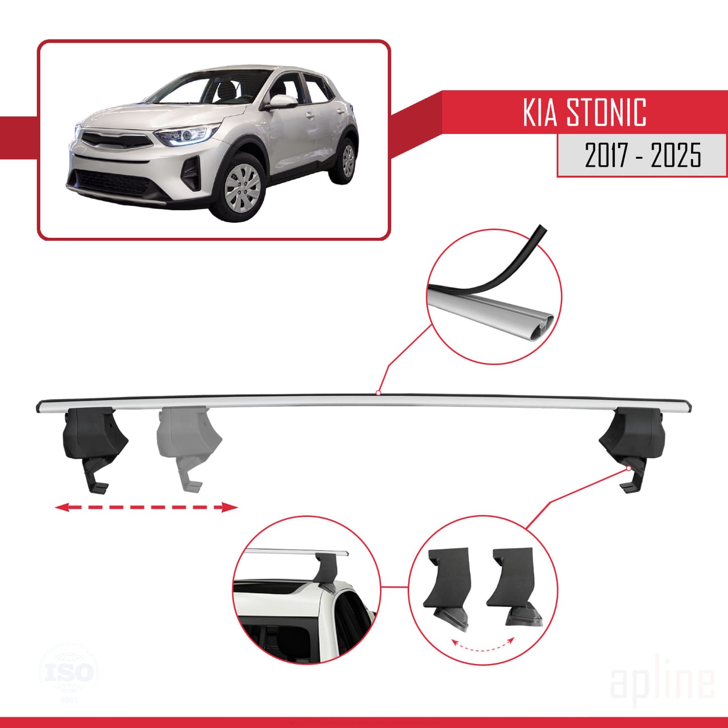 Compatible with Kia Stonic 2017-2025 ACE-4 Car Roof Rack Cross Bar Grey Aluminium 2 Bars