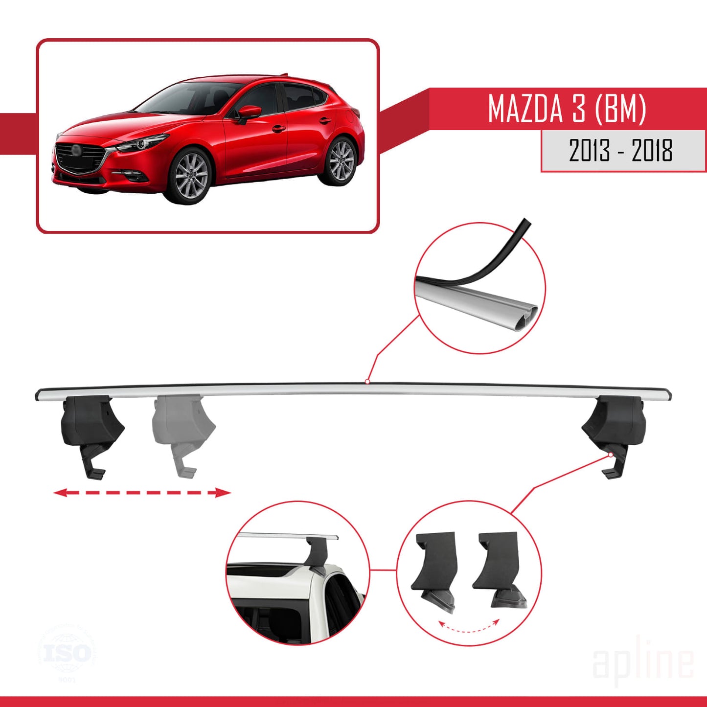 Compatible with Mazda 3 III (BM) 2013-2018 ACE-4 Car Roof Rack Cross Bar Grey Aluminium 2 Bars