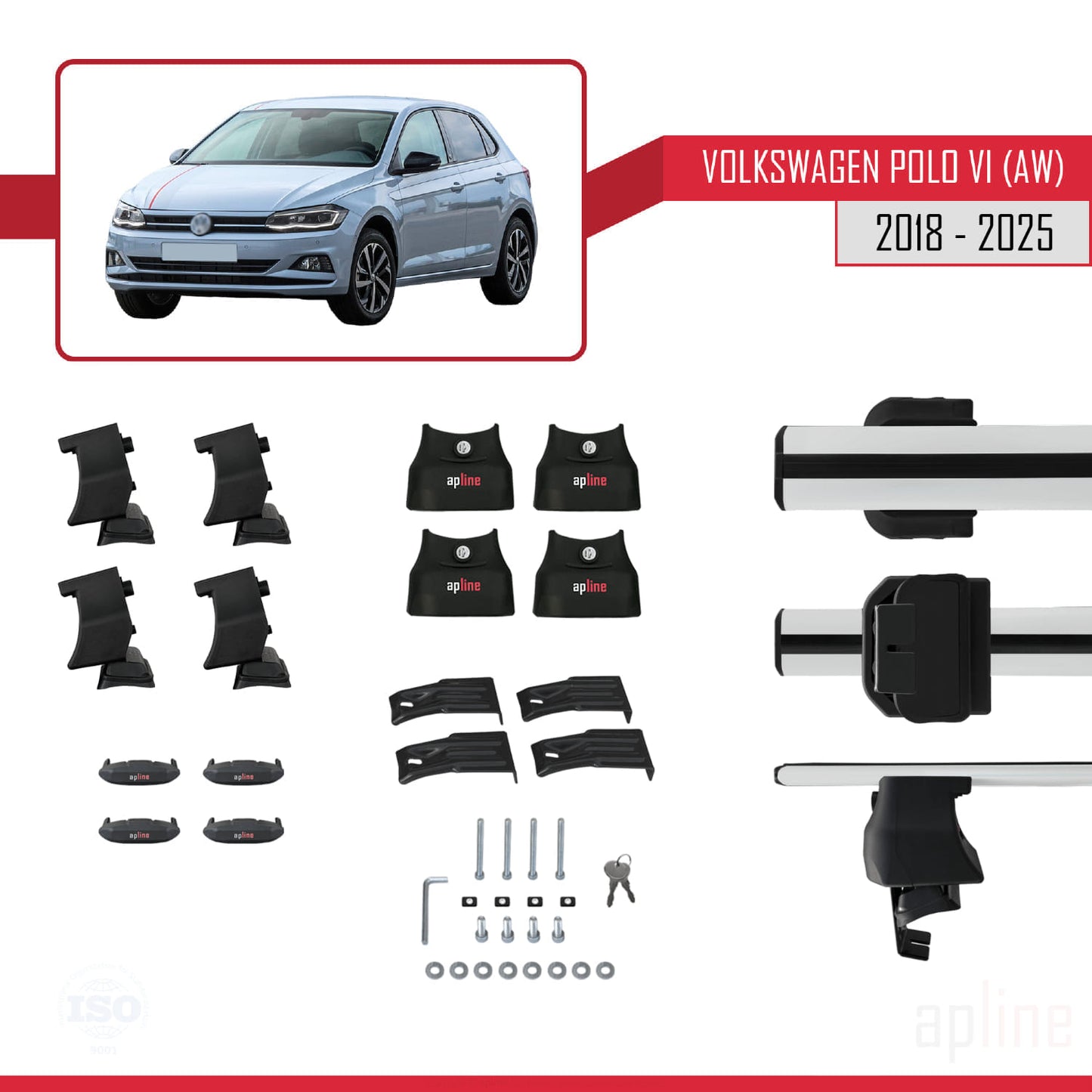 Compatible with Volkswagen Polo 6 (AW) 2018-2025 ACE-4 Car Roof Rack Cross Bar Grey Aluminium 2 Bars