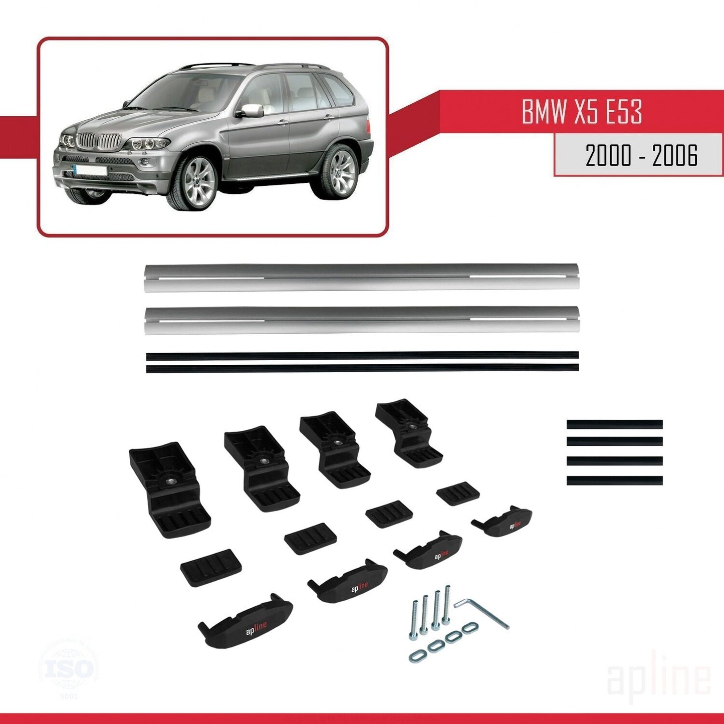 Kompatibel mit BMW X5 (E53) 2000-2006 Basismodell Dachgepäckträger, graues Aluminium, 2 Stangen