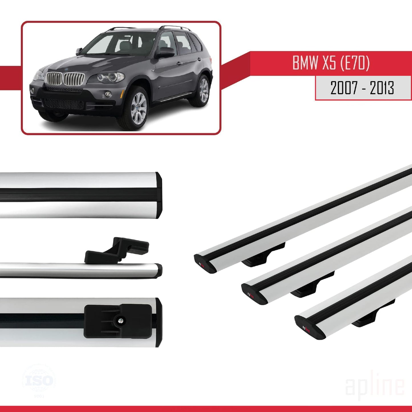 Kompatibel mit BMW X5 (E70) 2007-2013 Basismodell Dachgepäckträger, graues Aluminium, 3-teilig