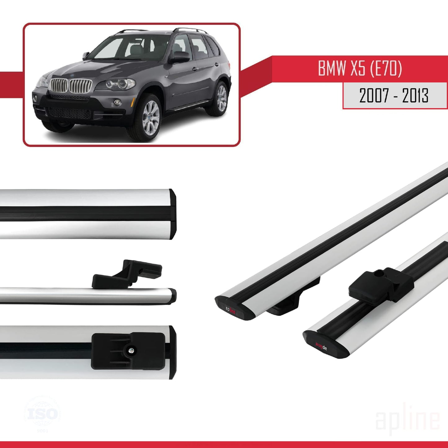 Kompatibel mit BMW X5 (E70) 2007-2013 Basismodell Dachgepäckträger, graues Aluminium, 2 Stangen