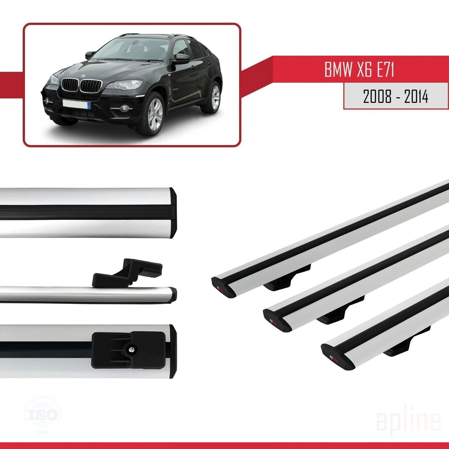 Kompatibel mit BMW X6 (E71) 2008-2014 Basismodell Dachgepäckträger, graues Aluminium, 3-teilig
