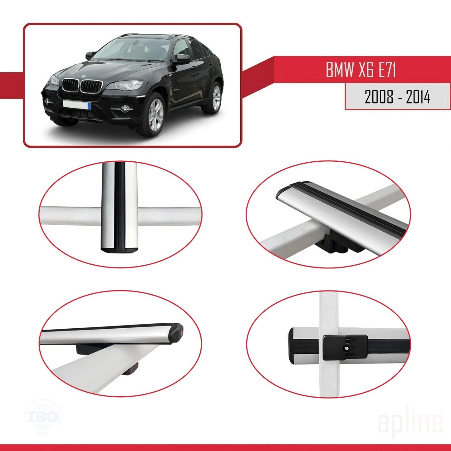 Kompatibel mit BMW X6 (E71) 2008-2014 Basismodell Dachgepäckträger, graues Aluminium, 3-teilig